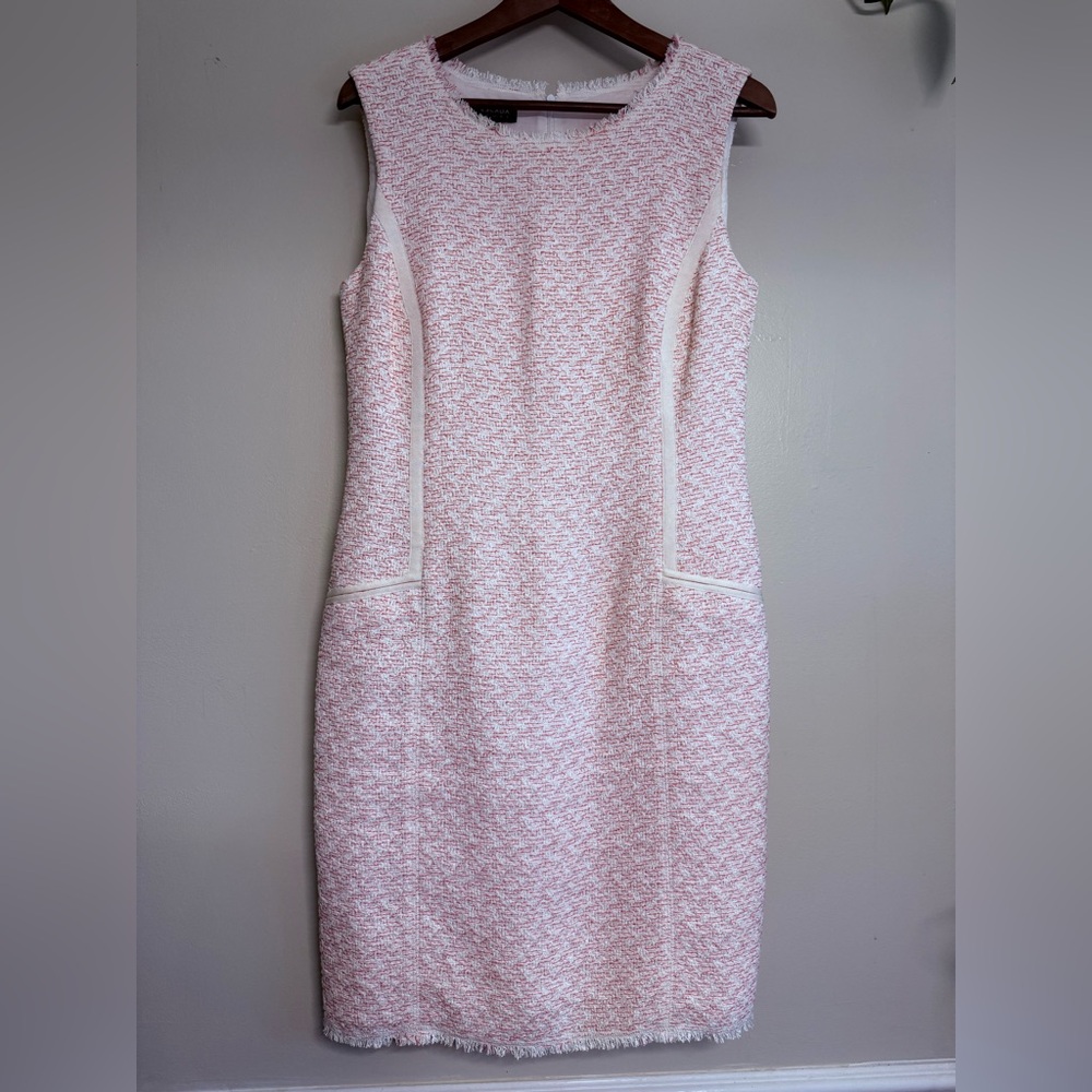 Escada Pink and White Textured Midi fringe trim tweed sheath dress size38